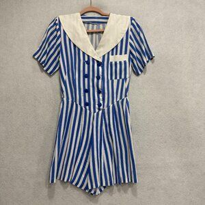 Vintage Sailor Romper Womens Small Blue White Striped Button Front Shorts Retro